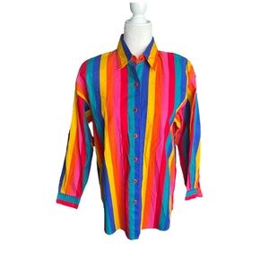 Vintage Rainbow Vertical Striped Cotton Button-Up Shirt